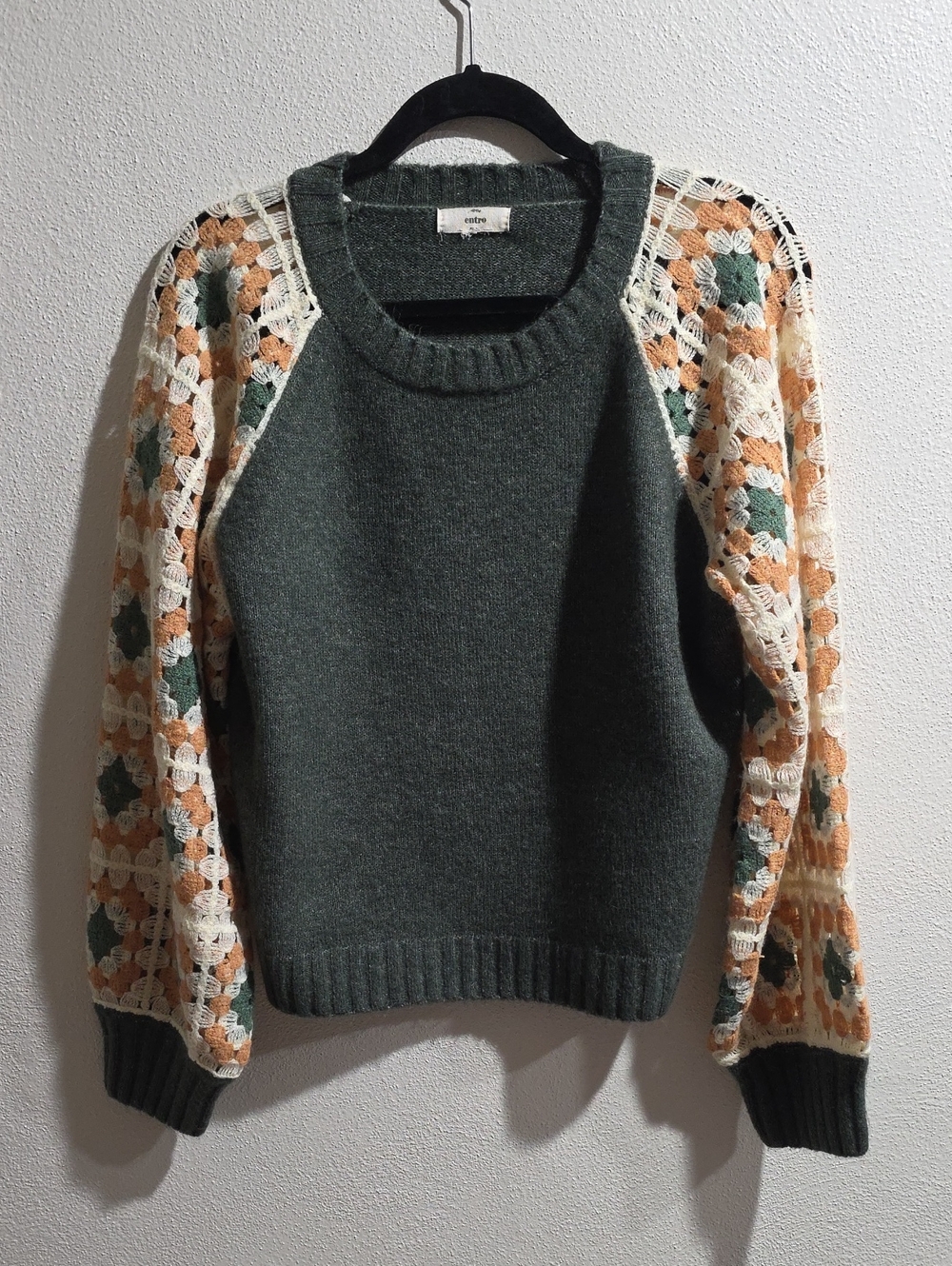 Entro Soft Heathered Green Sweater With Crocheted Sleeves